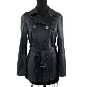 Burberry Brit Dark Blue Distressed Leather Belted Trench Coat Jacket US 6 UK 8